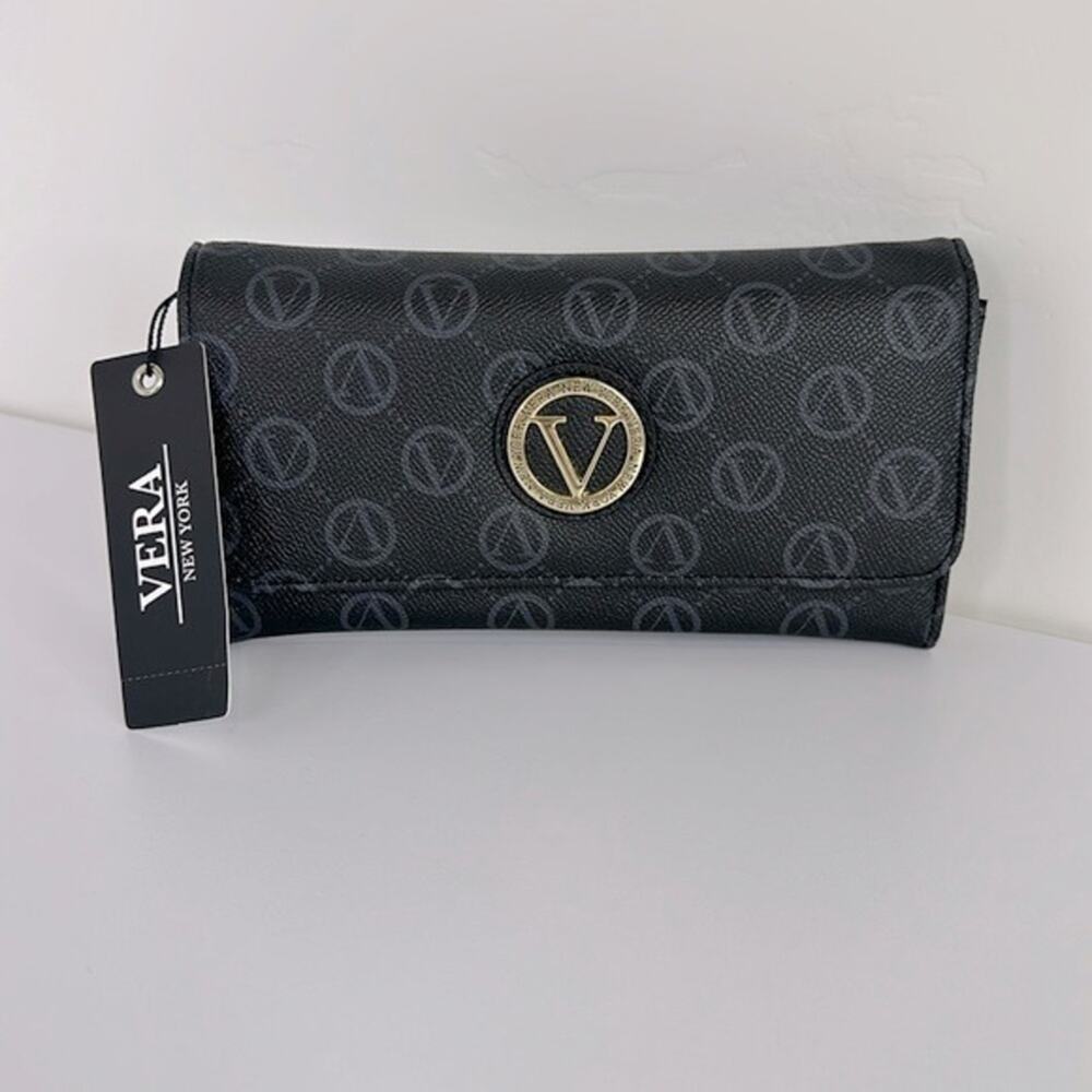 VERA NEW YORK Black With Gold Flap Over Flocking Signature Wallet One‎ Size